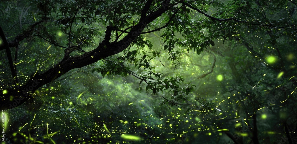 Fototapeta premium Enchanting forest scene at night, glowing fireflies
