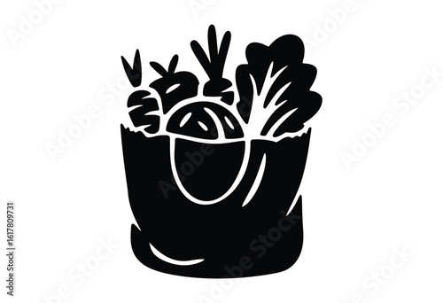 Black silhouette grocery bag overflowing with fresh produce