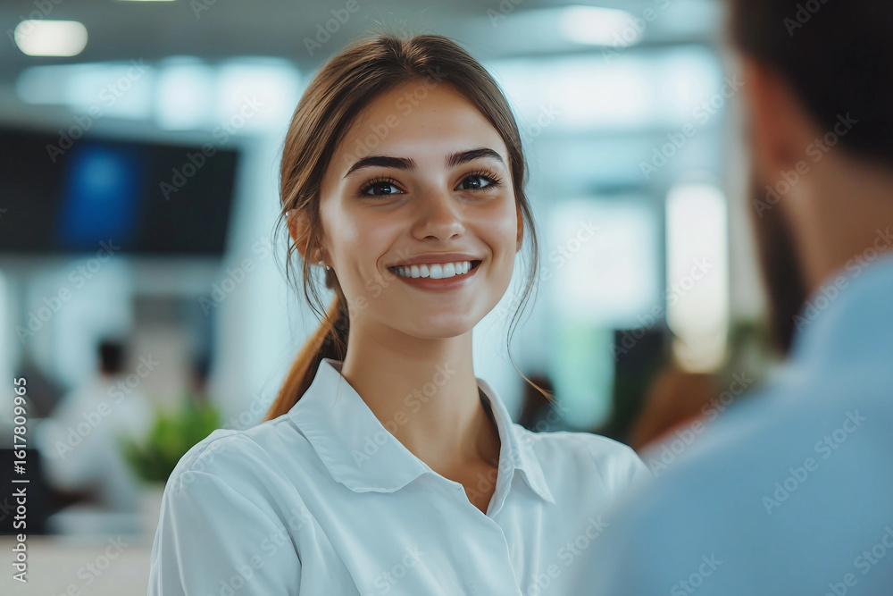 Fototapeta premium Smiling receptionist in professional uniform welcoming guests at hotel front desk with warm hospitality, generative ai