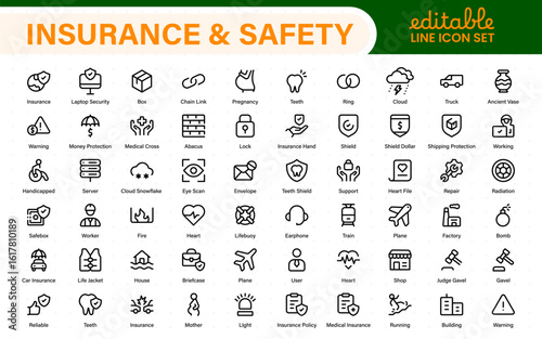 Insurance elements - minimal thin line web icon set. Insurance editable stroke symbols collection. Life, Car, House, Care, Money Insurance.