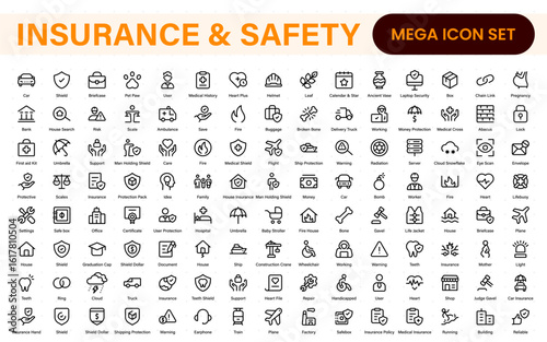 Insurance elements - minimal thin line web icon set. Insurance editable stroke symbols collection. Life, Car, House, Care, Money Insurance.