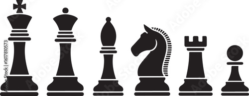 Set of chess vector icons. Black silhouette with chess. King, queen, pawn, horse and rook