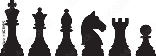 Set of chess vector icons. Black silhouette with chess. King, queen, pawn, horse and rook