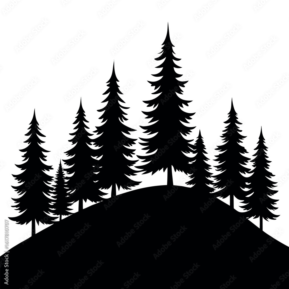 Obraz premium Layered forest hill silhouette with pine trees isolated on white background