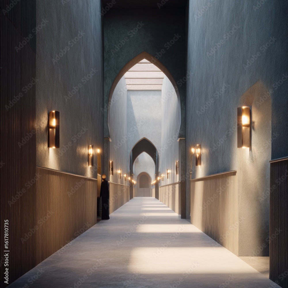 Fototapeta premium Long, dimly lit hallway with arched doorways and subtle lighting