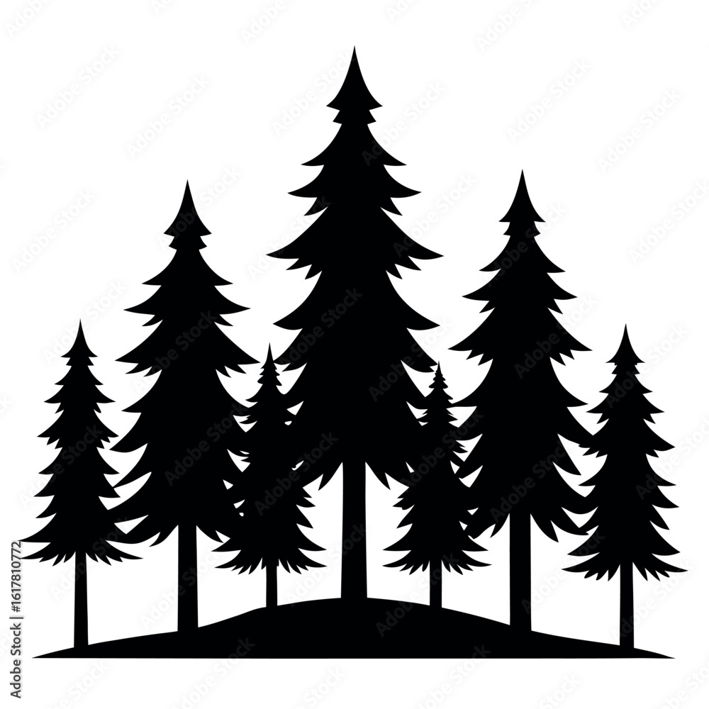 Obraz premium Group of stylized pine tree silhouettes arranged on white background silhouette isolated on white background