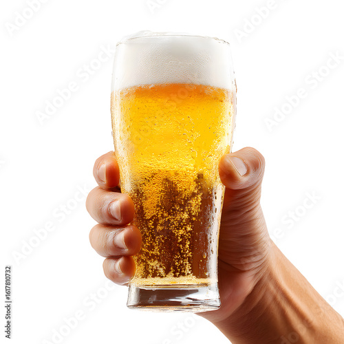 Hand holding a refreshing glass of golden beer with frothy white foam isolated on transparent background
