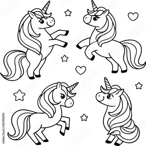 Cute Unicorns with Stars and Hearts Black and White Coloring Page