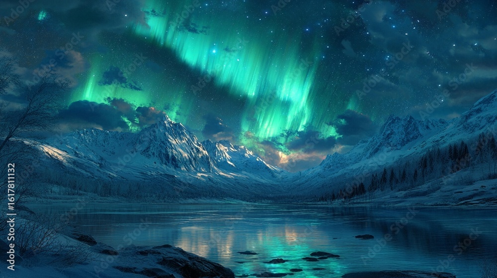 Naklejka premium Aurora Borealis over Snowy Mountains