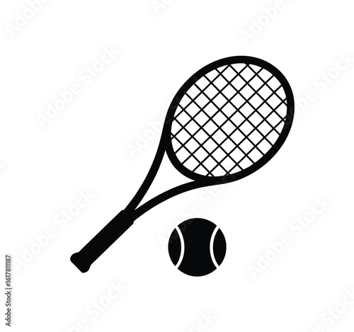 Black tennis racket and ball icon sports equipment