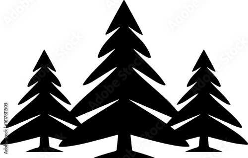 Three silhouette evergreen trees in a forest setting