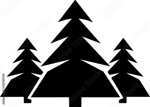 Three stylized pine trees create a natural forest silhouette