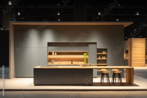Modern kitchen display, sleek grey cabinets, wood accents, island with seating