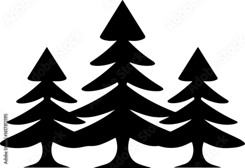 Three stylized pine trees create a natural forest scene