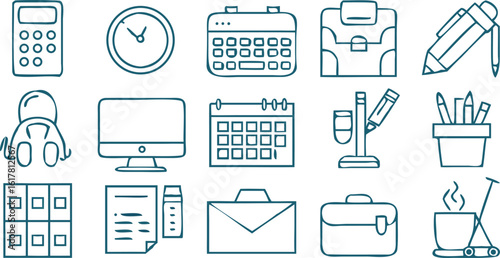 Office Equipment Line Icon Set – Vector Minimalist Icons Featuring Printers, Computers, Phones, Desks, and Office Supplies