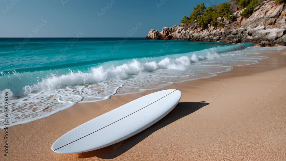 Surfboard resting on sandy beach with gentle waves lapping at shore, surrounded by rocky cliffs and lush greenery, capturing the essence of a tranquil coastal paradise and summer adventure Surfboard resting on sandy beach with gentle waves lapping at shore, surrounded by rocky cliffs and lush greenery, capturing the essence of a tranquil coastal paradise and summer adventure