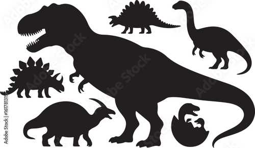 Vector illustration of dinosaur silhouette including Stegosaurus, Brontosaurus, Velociraptor, Triceratops, Tyrannosaurus rex, and Spinosaurus