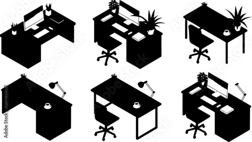A collection of six black silhouette illustrations of various isometric office desks and workspaces.
