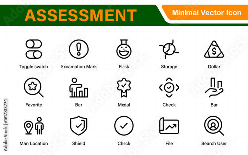 Assessment icon set. Includes icons for evaluations, audits, financial reviews, inspection reports, performance scoring, grading, and risk analysis tools.