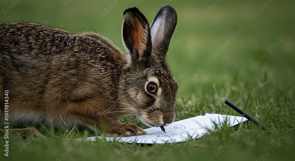 Fototapeta premium Rabbit Drawing on Paper in Green Outdoor Field