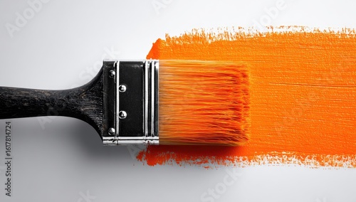 Paintbrush applying vibrant orange paint stroke on white background