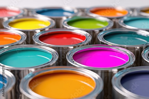 Colorful paint cans in various hues