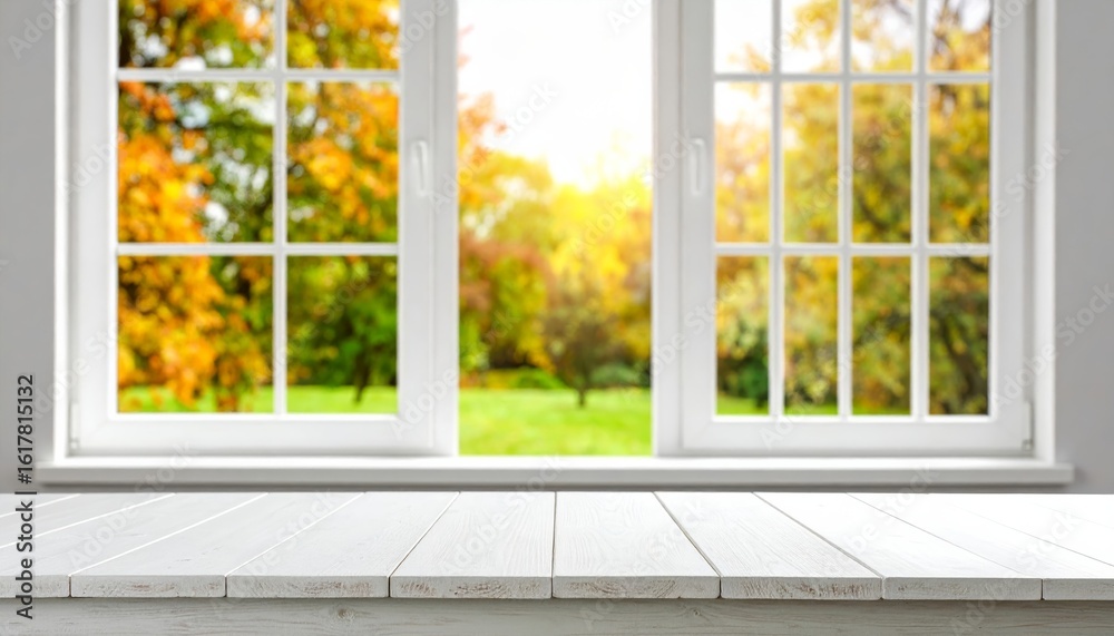 Fototapeta premium Green grass and blue sky are visible through an open window frame, offering a refreshing view into a peaceful summer room