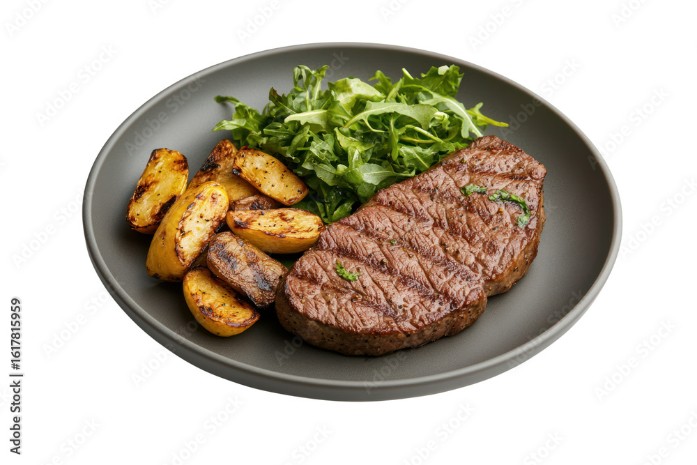 Gourmet Steak Platter: A mouthwatering gourmet platter features a perfectly grilled steak, accompanied by golden roasted potatoes and fresh green salad, a culinary masterpiece. Gourmet Steak Platter: A mouthwatering gourmet platter features a perfectly grilled steak, accompanied by golden roasted potatoes and fresh green salad, a culinary masterpiece.