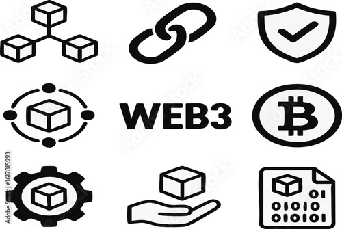 Web3 blockchain technology cryptocurrency decentralization bitcoin nft metaverse security icons set design