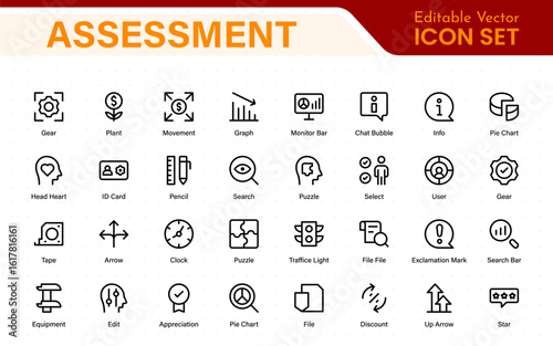 Assessment icon set. Includes icons for evaluations, audits, financial reviews, inspection reports, performance scoring, grading, and risk analysis tools.