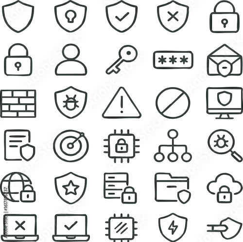 Security icons set protection shield lock key password firewall antivirus data cloud network system