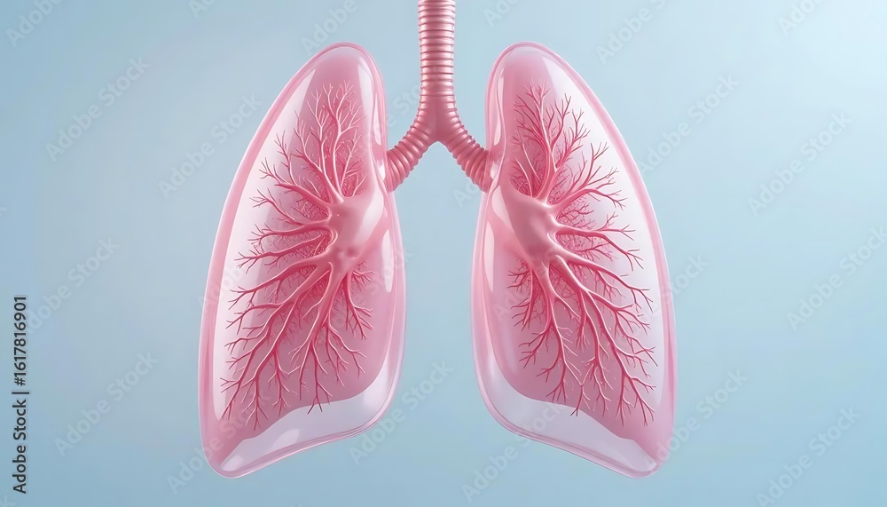 A detailed 3D medical illustration of healthy human lungs in a semi-transparent style, colored in soft pink tones A detailed 3D medical illustration of healthy human lungs in a semi-transparent style, colored in soft pink tones