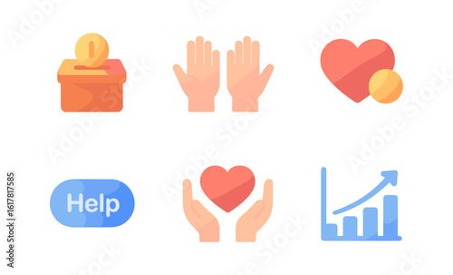 Colorful charity and support icons with hands and graph elements