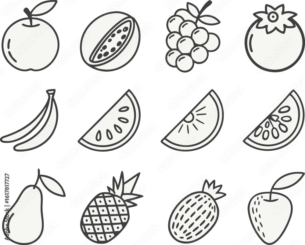 Fototapeta premium Collection of hand drawn fruit silhouettes isolated on transparent background