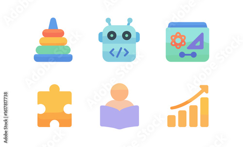 Colorful educational icons set: learning, robotics, and growth symbols