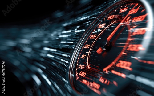 Close-up of a speeding speedometer needle