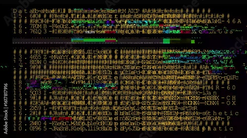 Background of moving code strings with interference effects. Bright digital background with abstract typography.