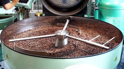 Chachoengsao, Thailand - 22 July : Coffee beans roasted pouring from roaster with heat and smoke on 22 July 2025 in Chachoengsao, Thailand