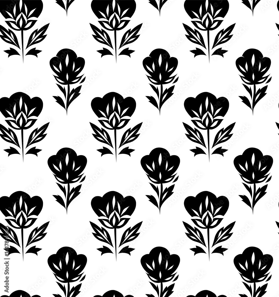 Fototapeta premium Vector monochrome seamless rustic pattern with decorative flowers. Tracery texture with black stylized flowers on white background.