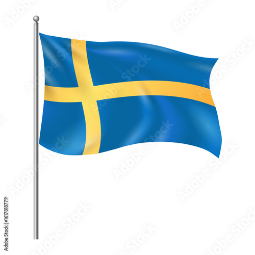 Waving Swedish Flag on Flagpole – National Flag of Sweden with Blue Background and Yellow Nordic Cross