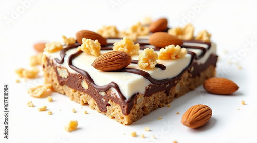 Snack bar with a combination of yogurt, crumbs, almond and melted chocolate topping
