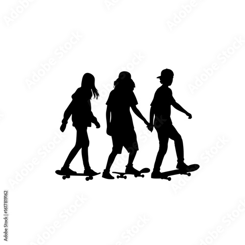 Silhouette of group of teens hanging out with skateboards on white background
