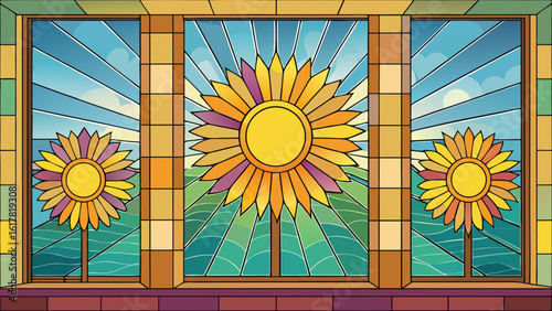 Colorful stained glass window featuring sunflowers, radiating warmth and positivity in vibrant hues.