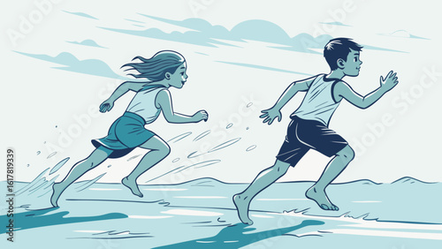 Two children, a girl and a boy, joyfully sprint along the shoreline, splashing through the shallow water.