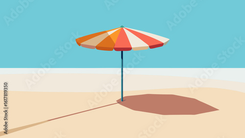 A colorful beach umbrella casting a shadow on golden sand under a bright blue sky.