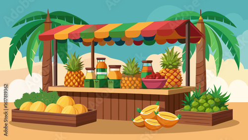 Vibrant fruit stand featuring an array of fresh pineapples, melons, and juices under colorful awnings in a sunny setting.