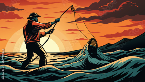A determined male fisherman in silhouette pulls in his net against a vibrant sunset over the ocean waves.