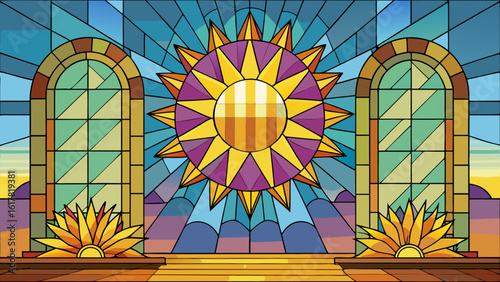 Colorful stained glass window featuring a vibrant sun design surrounded by geometric patterns and floral elements.