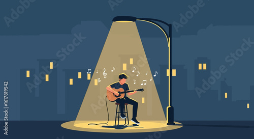 Illustration Art Vector of Musician Playing Guitar Under Lamplight with Music Notes Modern Style