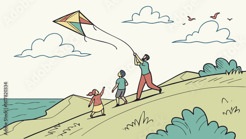 A joyful family outing on a hillside, flying a colorful kite against a serene sky.